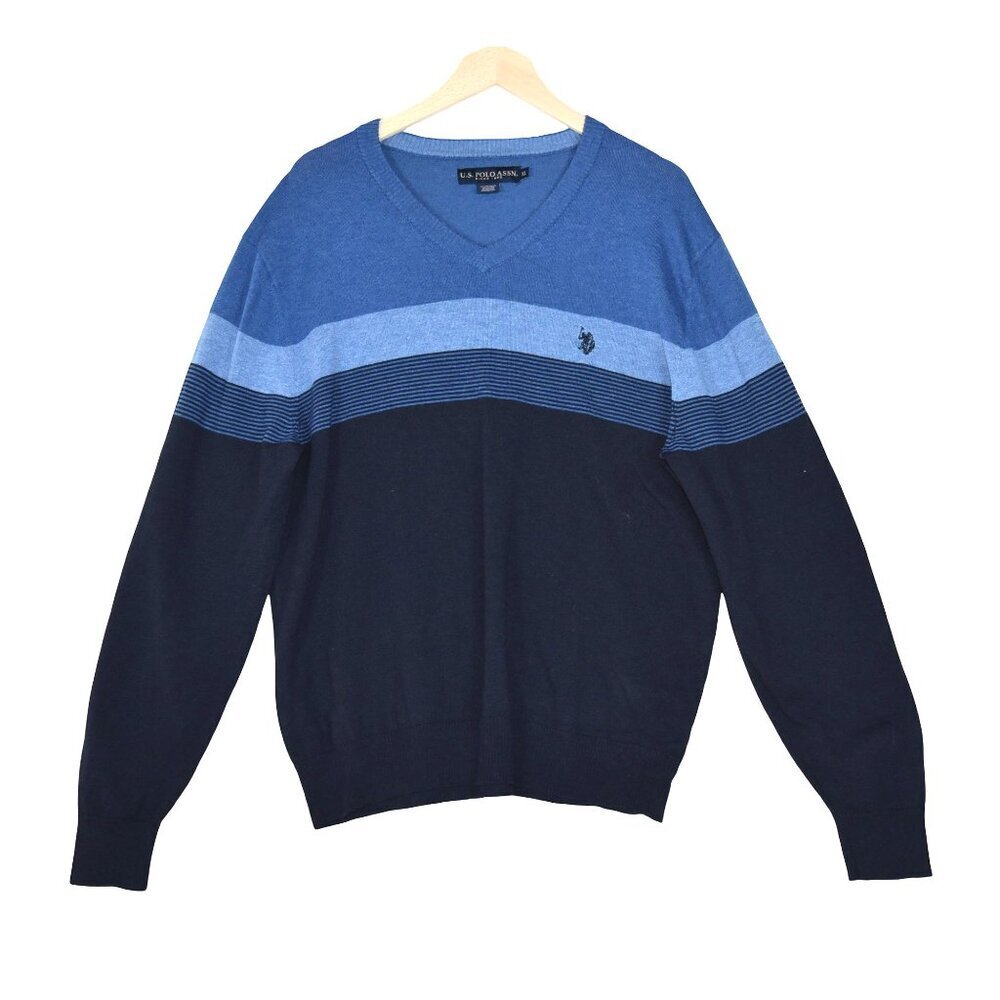 U.S. Polo Assn. V-Neck Sweater Blue Stripe Colorblock Pullover Men’s XL